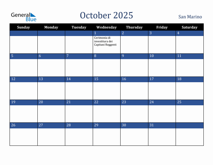 October 2025 San Marino Calendar (Sunday Start)
