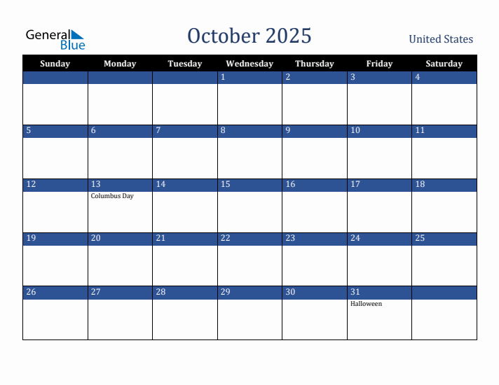 October 2025 United States Calendar (Sunday Start)