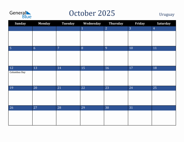 October 2025 Uruguay Calendar (Sunday Start)