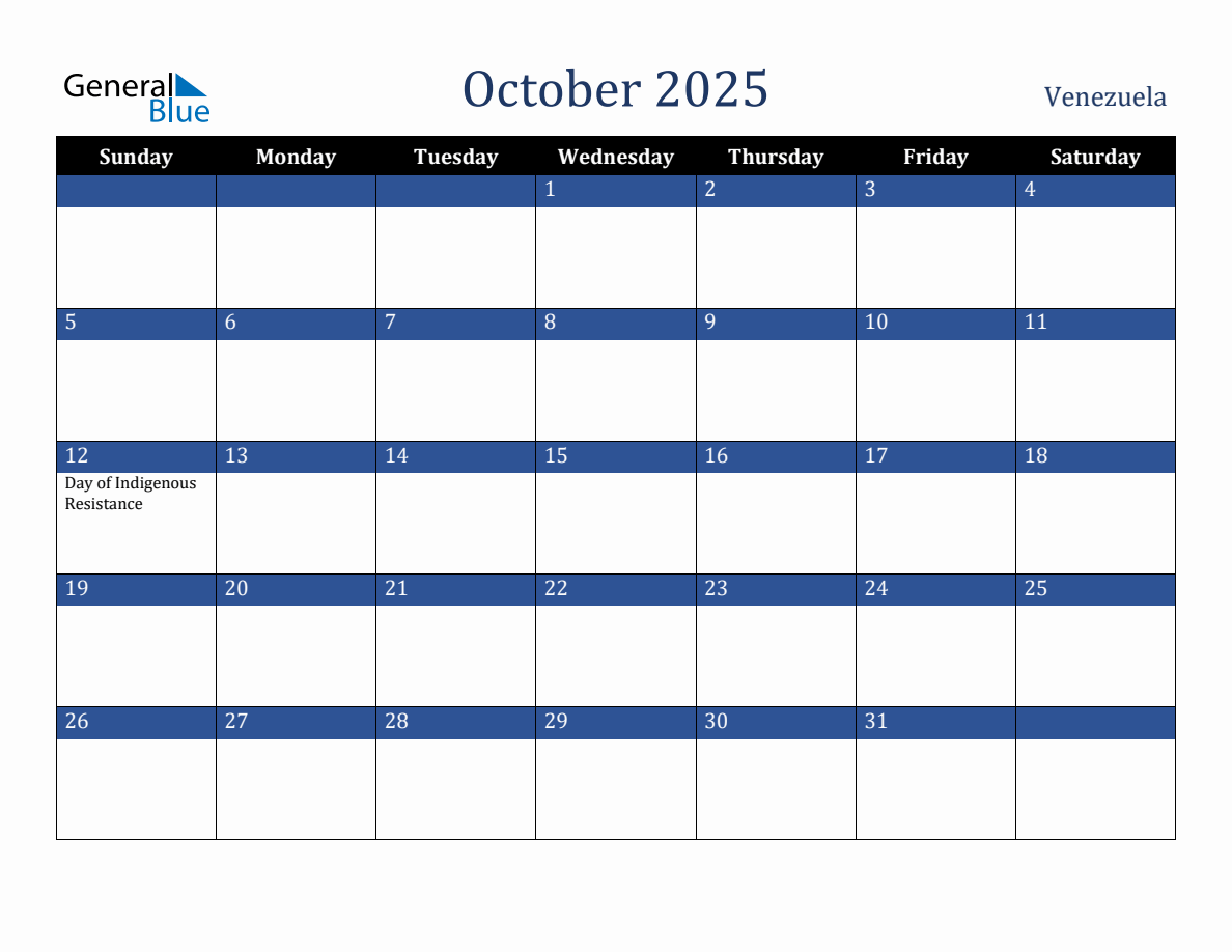 October 2025 Venezuela Holiday Calendar