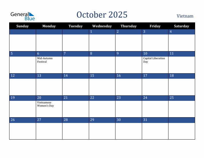 October 2025 Vietnam Calendar (Sunday Start)
