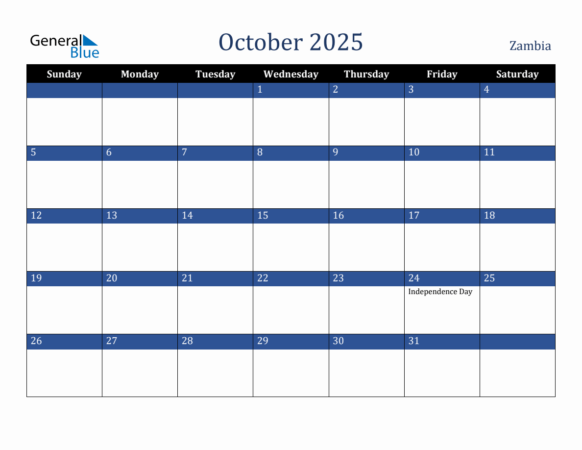 October 2025 Zambia Holiday Calendar