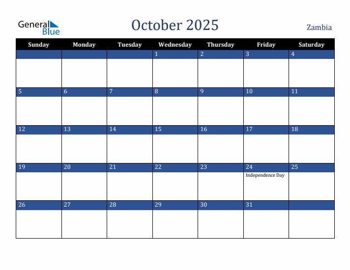 October 2025 Zambia Calendar (Sunday Start)
