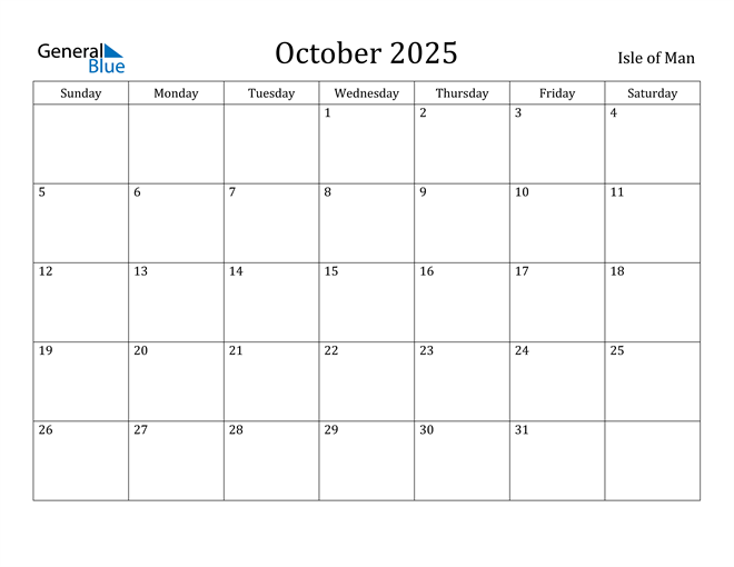 Isle of Man October 2025 Calendar with Holidays