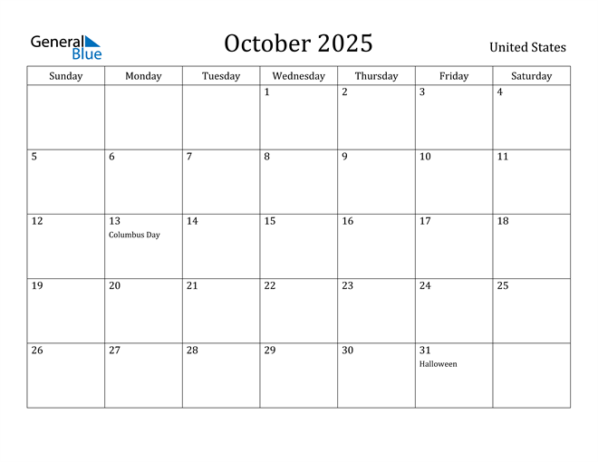 October 2025 Calendar with United States Holidays