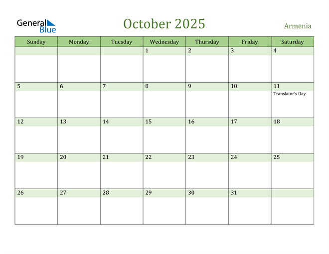 October 2025 Calendar with Armenia Holidays