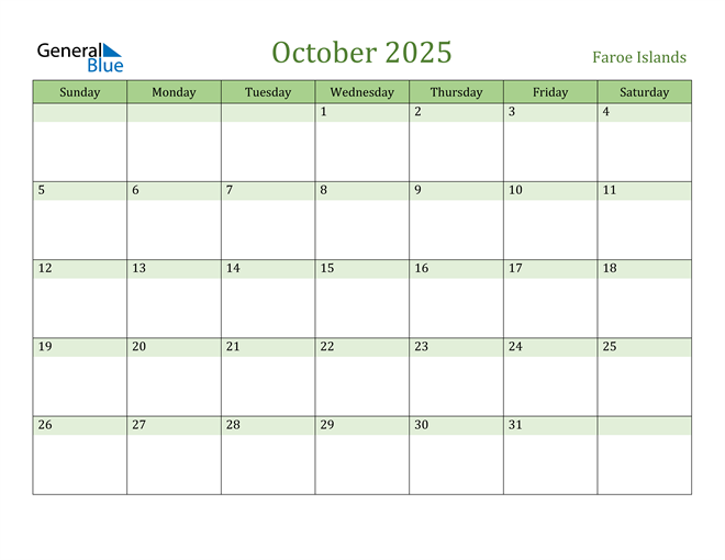 Faroe Islands October 2025 Calendar with Holidays