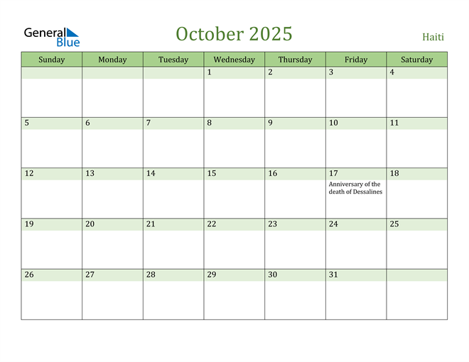 October 2025 Calendar with Haiti Holidays