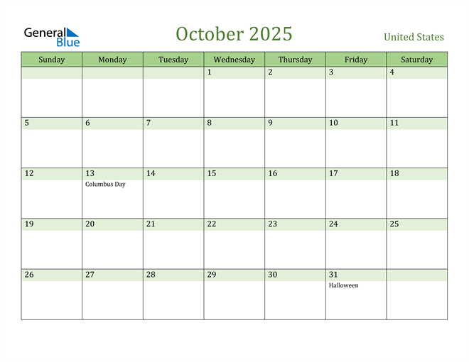 October 2025 Calendar with United States Holidays
