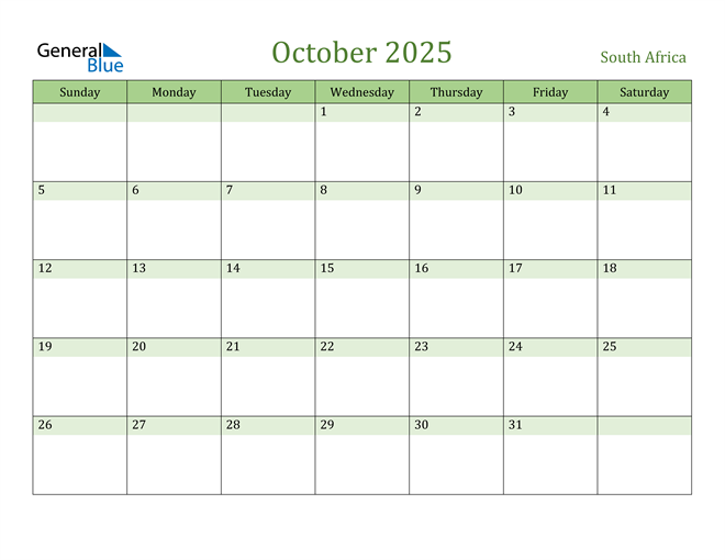 October 2025 Calendar with South Africa Holidays