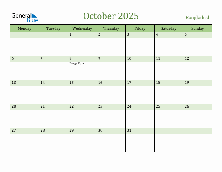 October 2025 Calendar with Bangladesh Holidays