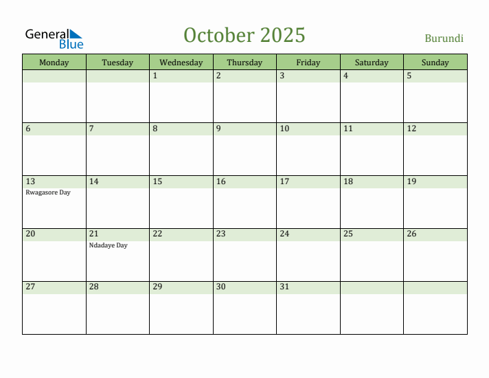 October 2025 Calendar with Burundi Holidays