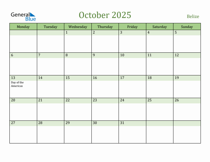October 2025 Calendar with Belize Holidays
