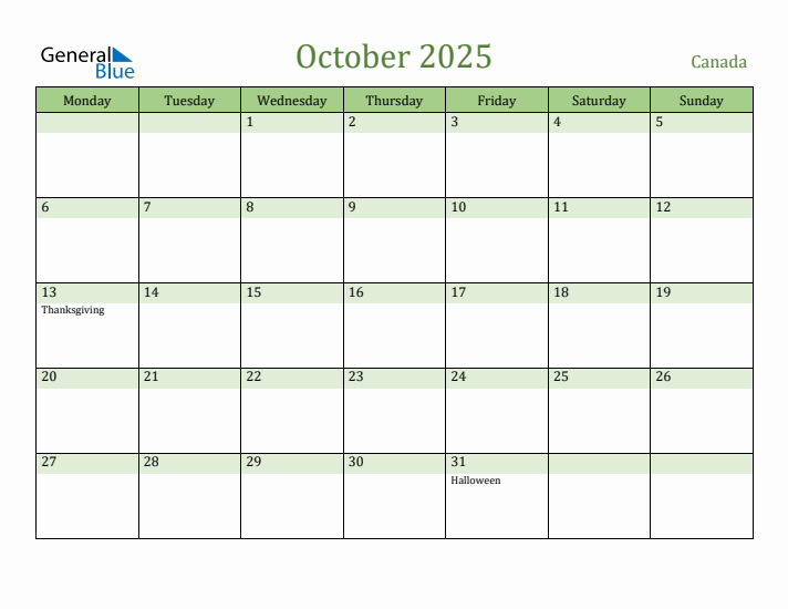 October 2025 Calendar with Canada Holidays