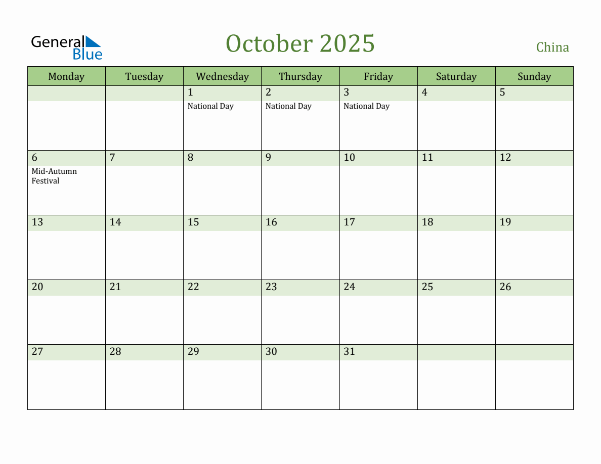 Fillable Holiday Calendar for China October 2025