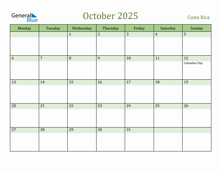 October 2025 Calendar with Costa Rica Holidays