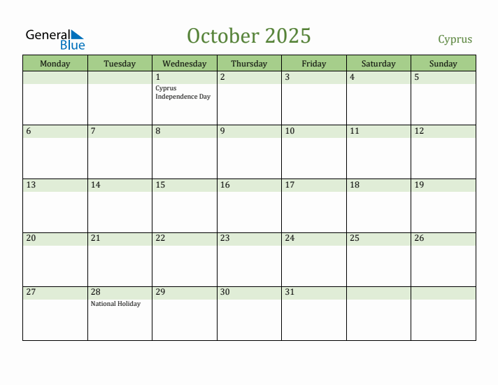 October 2025 Calendar with Cyprus Holidays