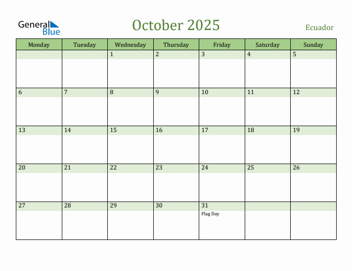 October 2025 Calendar with Ecuador Holidays