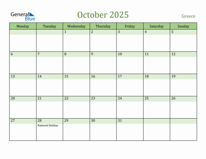 October 2025 Calendar with Greece Holidays