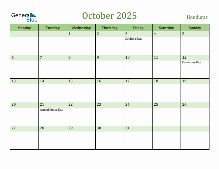 October 2025 Calendar with Honduras Holidays