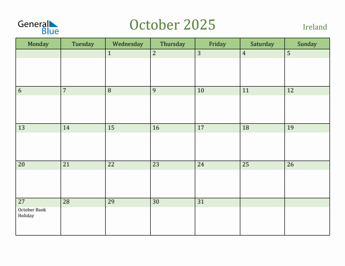 October 2025 Calendar with Ireland Holidays