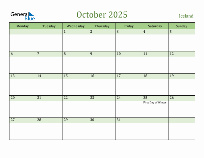 October 2025 Calendar with Iceland Holidays