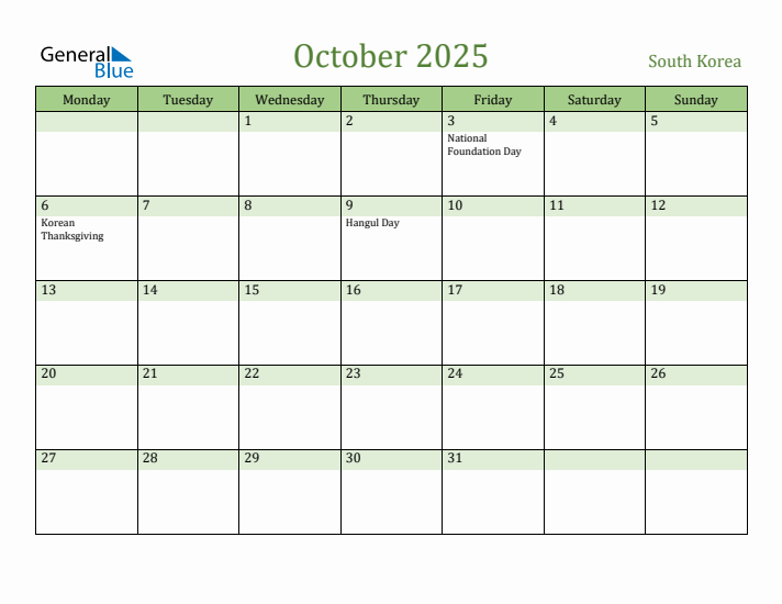 October 2025 South Korea Monthly Calendar with Holidays