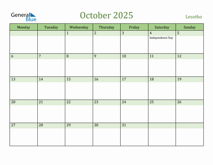 October 2025 Calendar with Lesotho Holidays