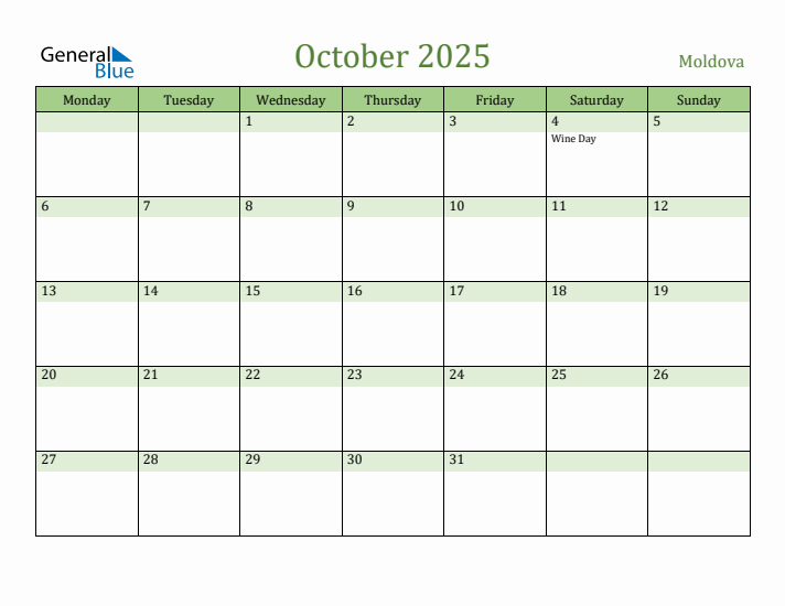 October 2025 Calendar with Moldova Holidays