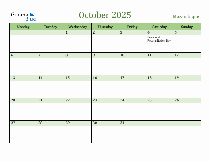 October 2025 Calendar with Mozambique Holidays
