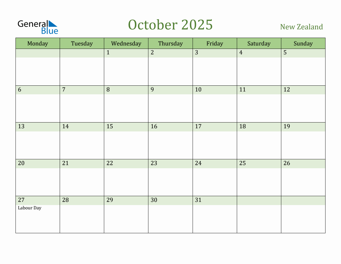 Fillable Holiday Calendar for New Zealand October 2025