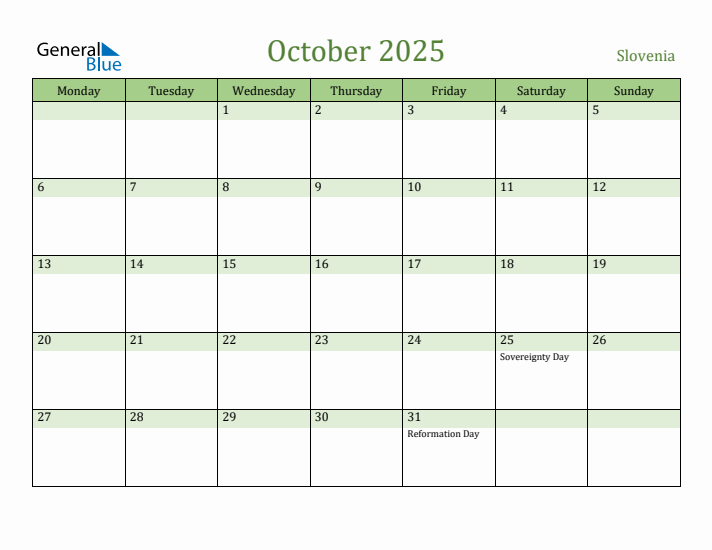 October 2025 Calendar with Slovenia Holidays