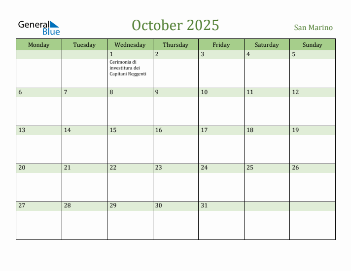 October 2025 Calendar with San Marino Holidays