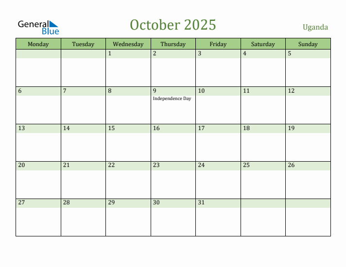 October 2025 Calendar with Uganda Holidays