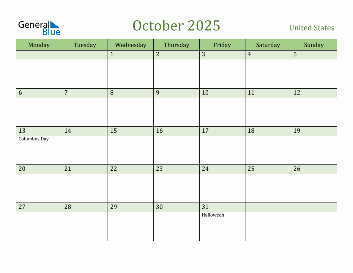 Fillable Holiday Calendar for United States October 2025