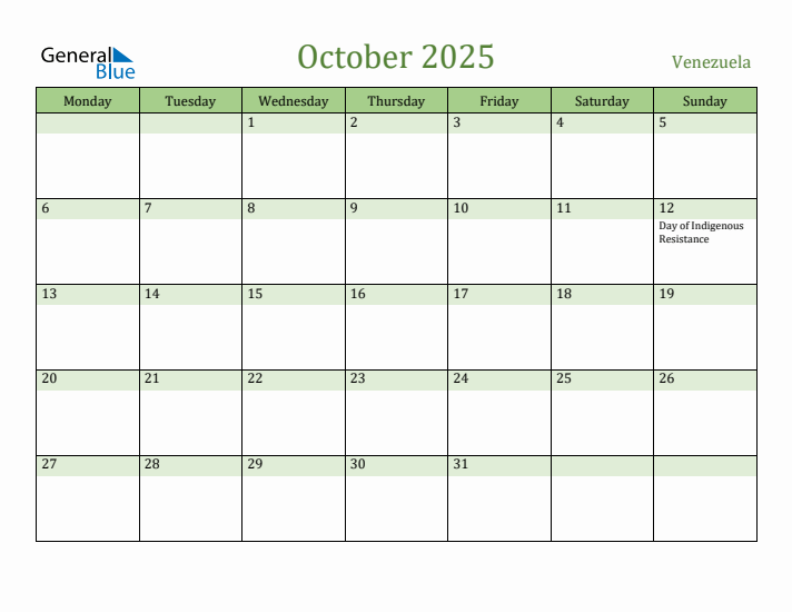 October 2025 Calendar with Venezuela Holidays
