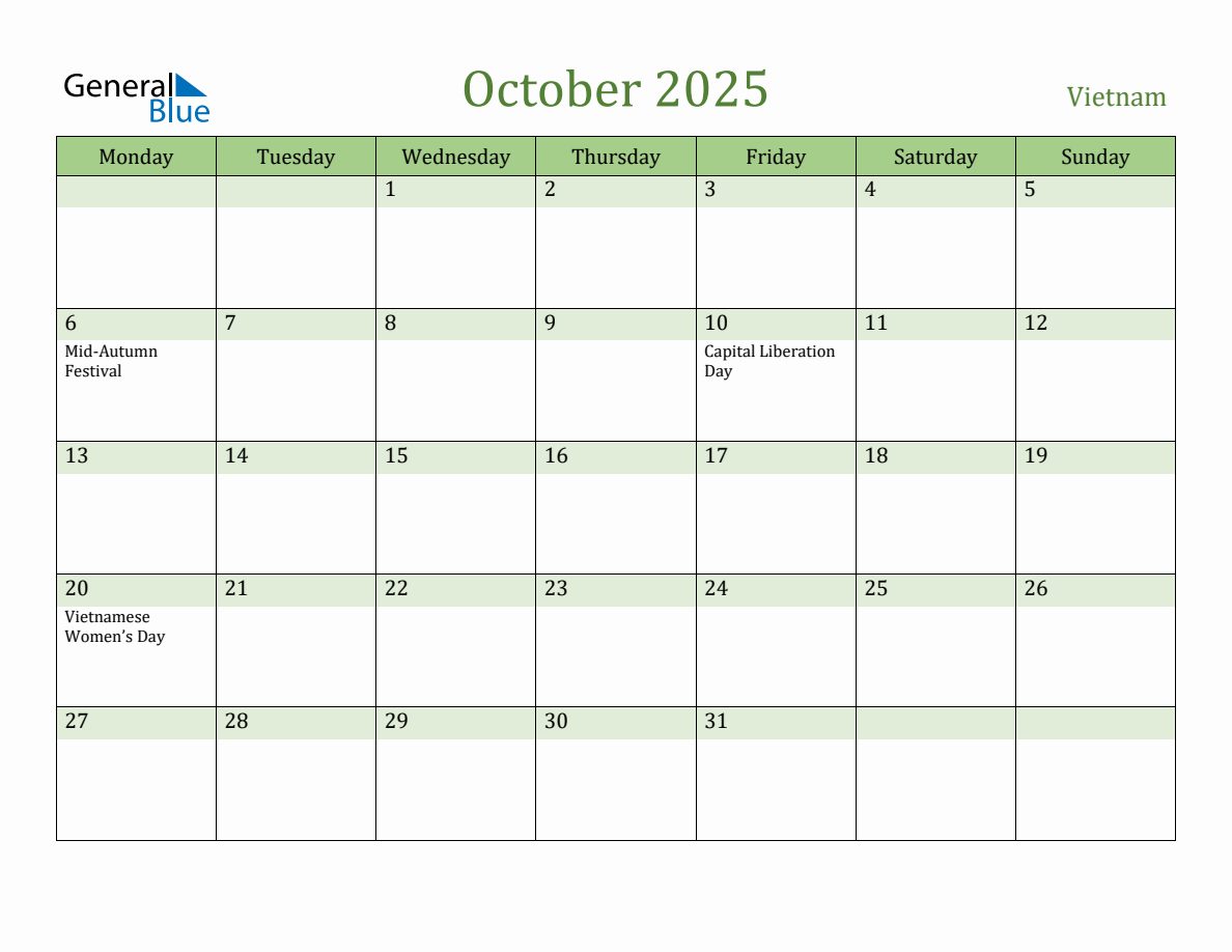 Fillable Holiday Calendar for Vietnam October 2025