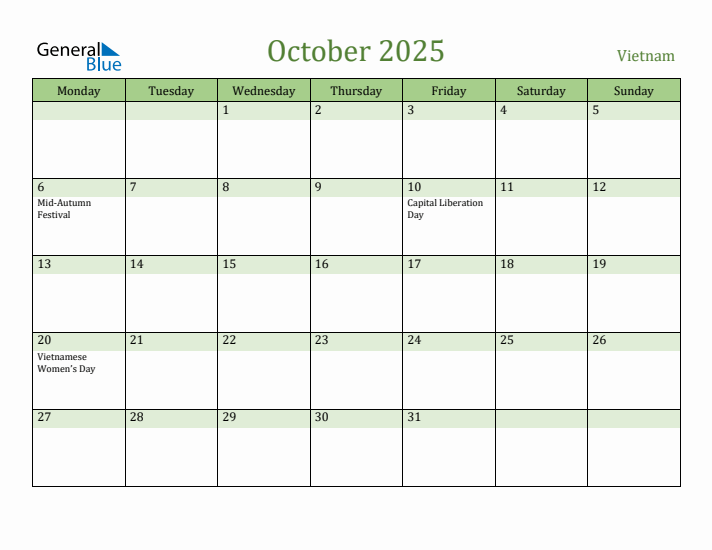 October 2025 Calendar with Vietnam Holidays