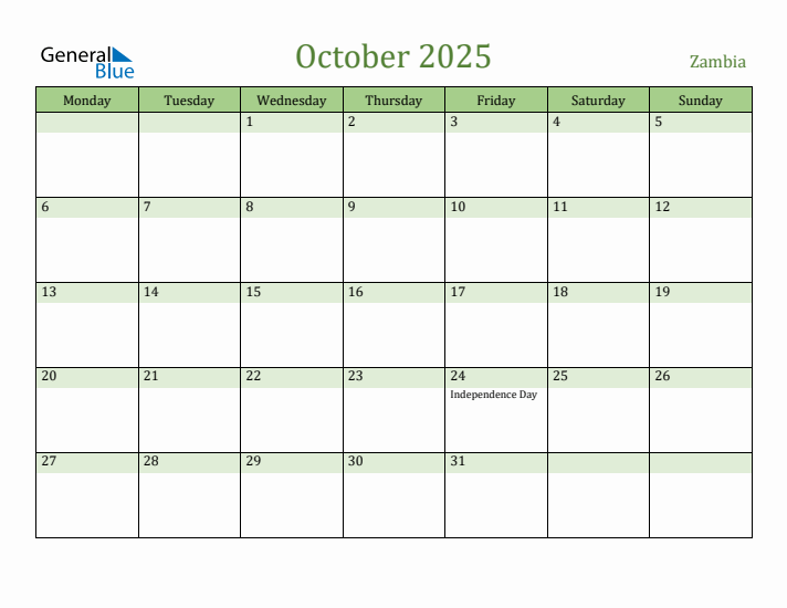 October 2025 Calendar with Zambia Holidays