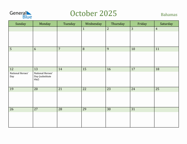 October 2025 Calendar with Bahamas Holidays