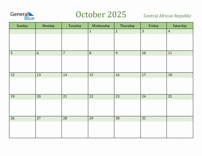 October 2025 Calendar with Central African Republic Holidays