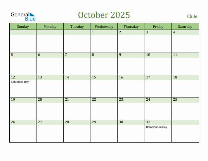 October 2025 Calendar with Chile Holidays