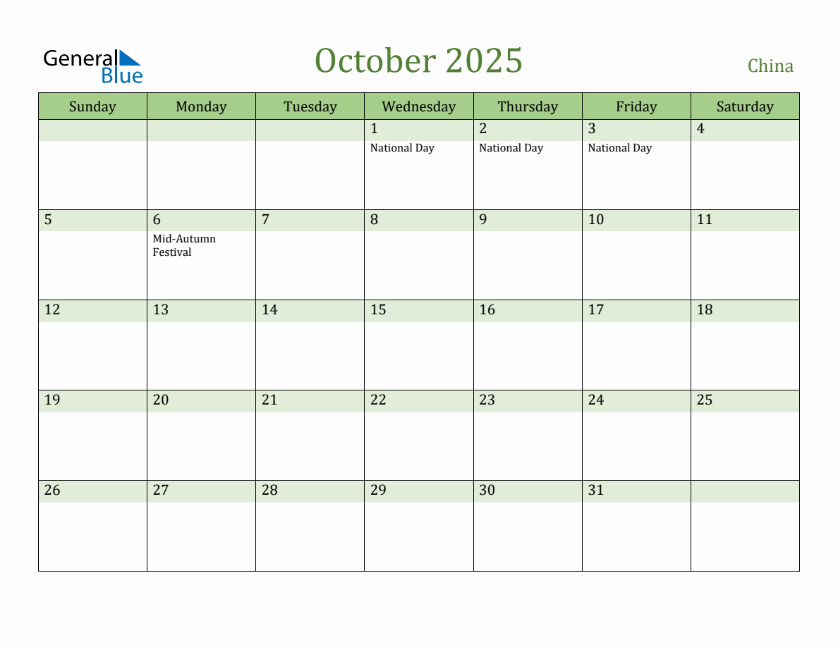 Fillable Holiday Calendar for China October 2025