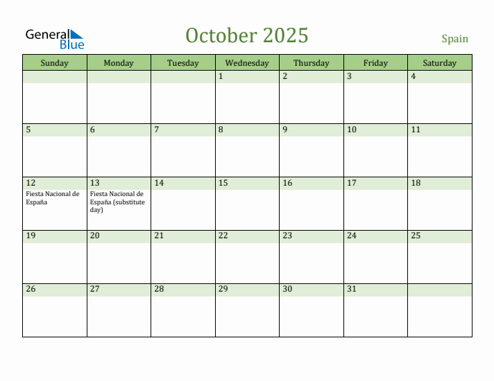 October 2025 Calendar with Spain Holidays