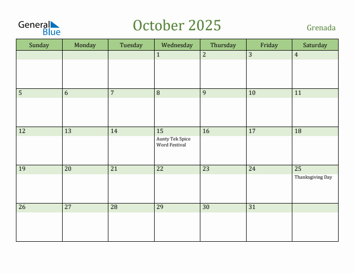 October 2025 Calendar with Grenada Holidays