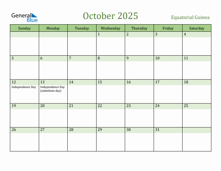 October 2025 Calendar with Equatorial Guinea Holidays