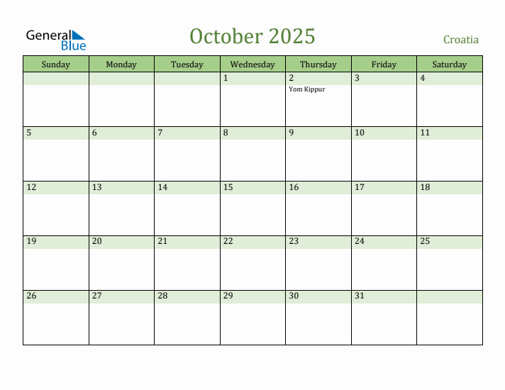 October 2025 Calendar with Croatia Holidays
