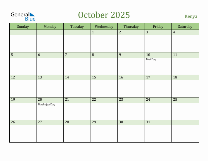 October 2025 Calendar with Kenya Holidays