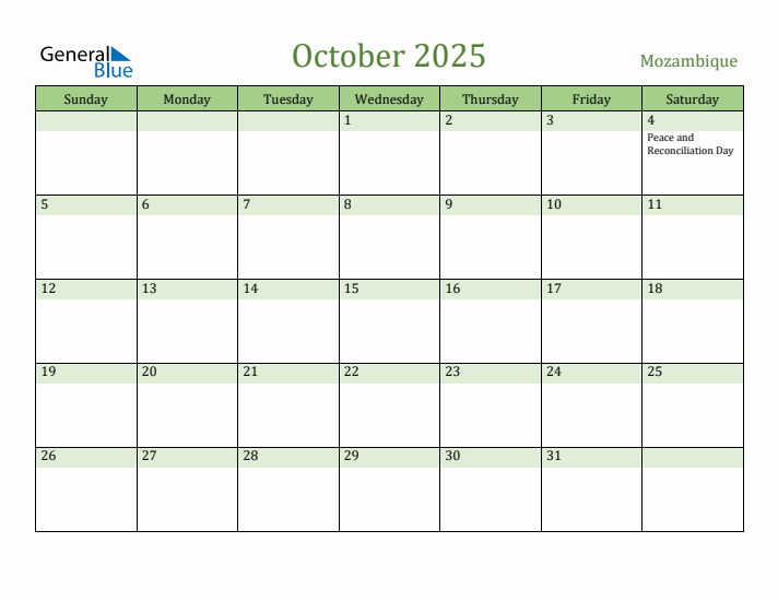 October 2025 Calendar with Mozambique Holidays