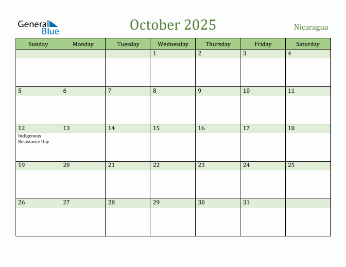 October 2025 Calendar with Nicaragua Holidays